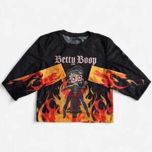 Betty Boop Women M Graphic Long Sleeve Top Flame Pattern Black Multicolor